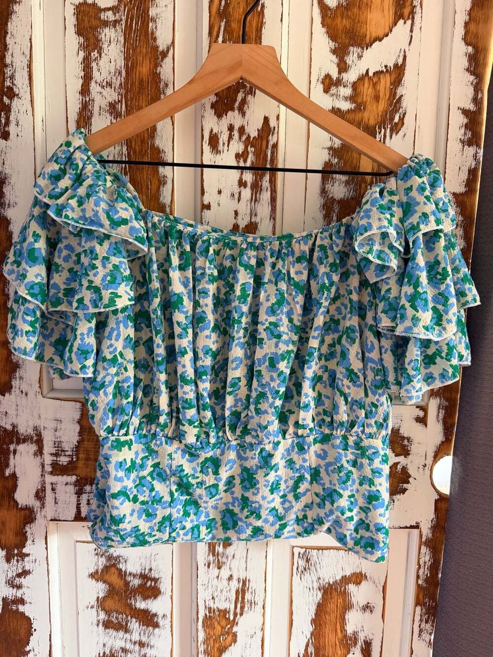 Molly Bracken Off-The-Shoulder Top Green Blue Floral Size L Puff Sleeve Boho
